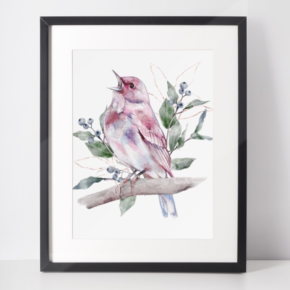Watercolor Wall Art Cute Pink Bird Print Unframed